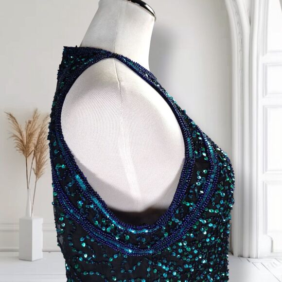 Vintage 90s Sequin Formal Prom Evening Dress Size L Halter Neck Thigh Slit - Picture 8 of 16